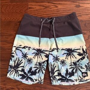 Quiksilver Men's Black & Blue sunset Palm Tree board shorts size 32 classic